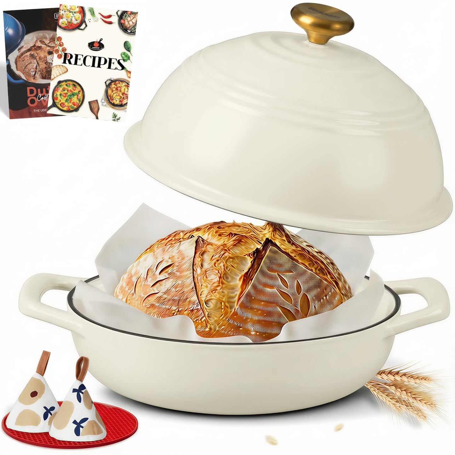 Overmont Enameled Cast Iron Bread Oven - 6QT Bread Dutch Oven for Sourdough Baking - Bread Pot with Dome Lid Cotton Potholders & Cookbook - Multi-Functional Bread Pan For Baking Frying Roasting
