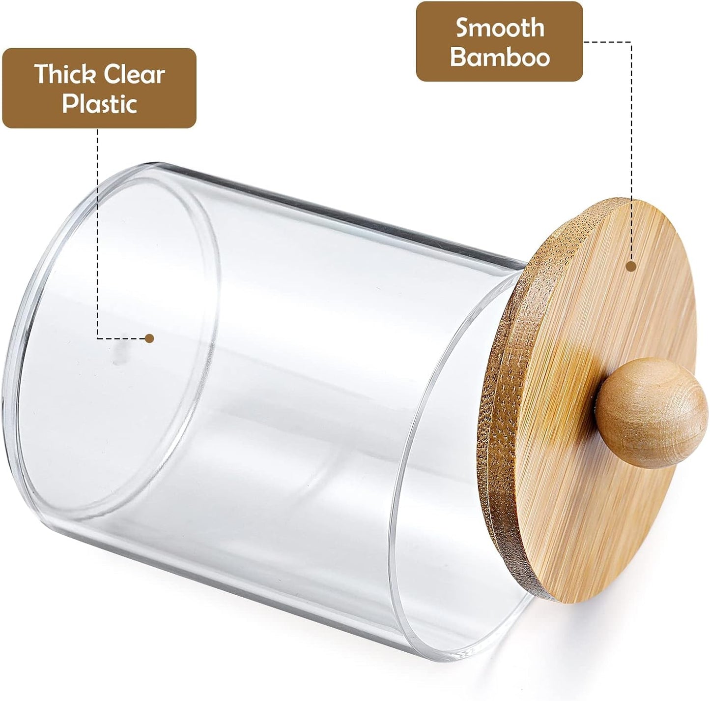 Qtip Holder Dispenser by [Brand Name] - 10 oz Clear Plastic Apothecary Jar with Bamboo Lids | Vanity Makeup Organizer Set