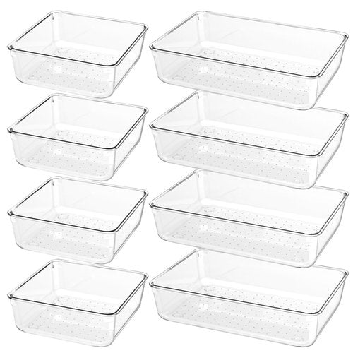 DUHARS 8 PCS Clear Plastic Drawer Organizer Tray, Acrylic Vanity Bathroom Drawer Organizers Trays, Desk Drawer Organizer Bins for Cosmetic, Makeup, Kitchen, Office, Junk Drawer Divider Organization