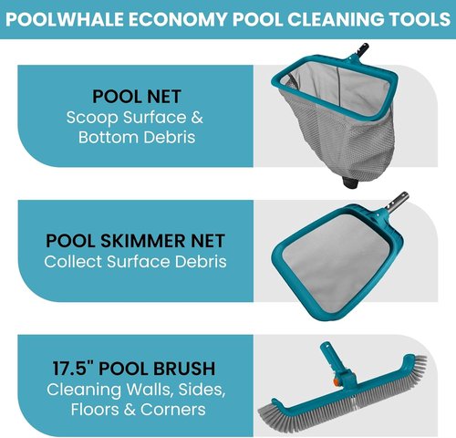 Economy Pool Cleaning Kit - Fine Mesh Rake & Leaf Skimmer with Rotatable Brush Head for Inground & Above Ground Pools