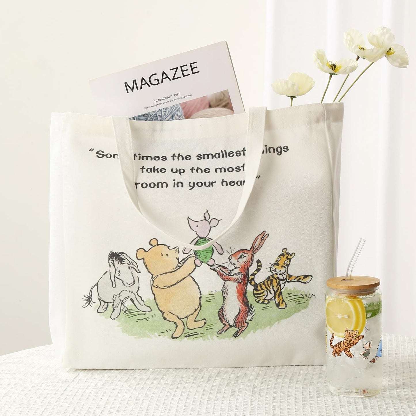MRYAWXBK Pooh Bear Gifts for Women Friends, Pooh Bear Inspirational Canvas Tote Bag 16oz Iced Glass Cup Friendship Gift Set Gifts for Best Friends