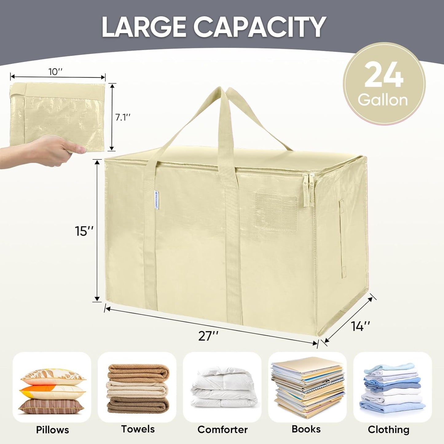 TICONN Extra Large Moving Bags - Heavy Duty Storage with Zippers & Handles | 6 Pack, Cream Color