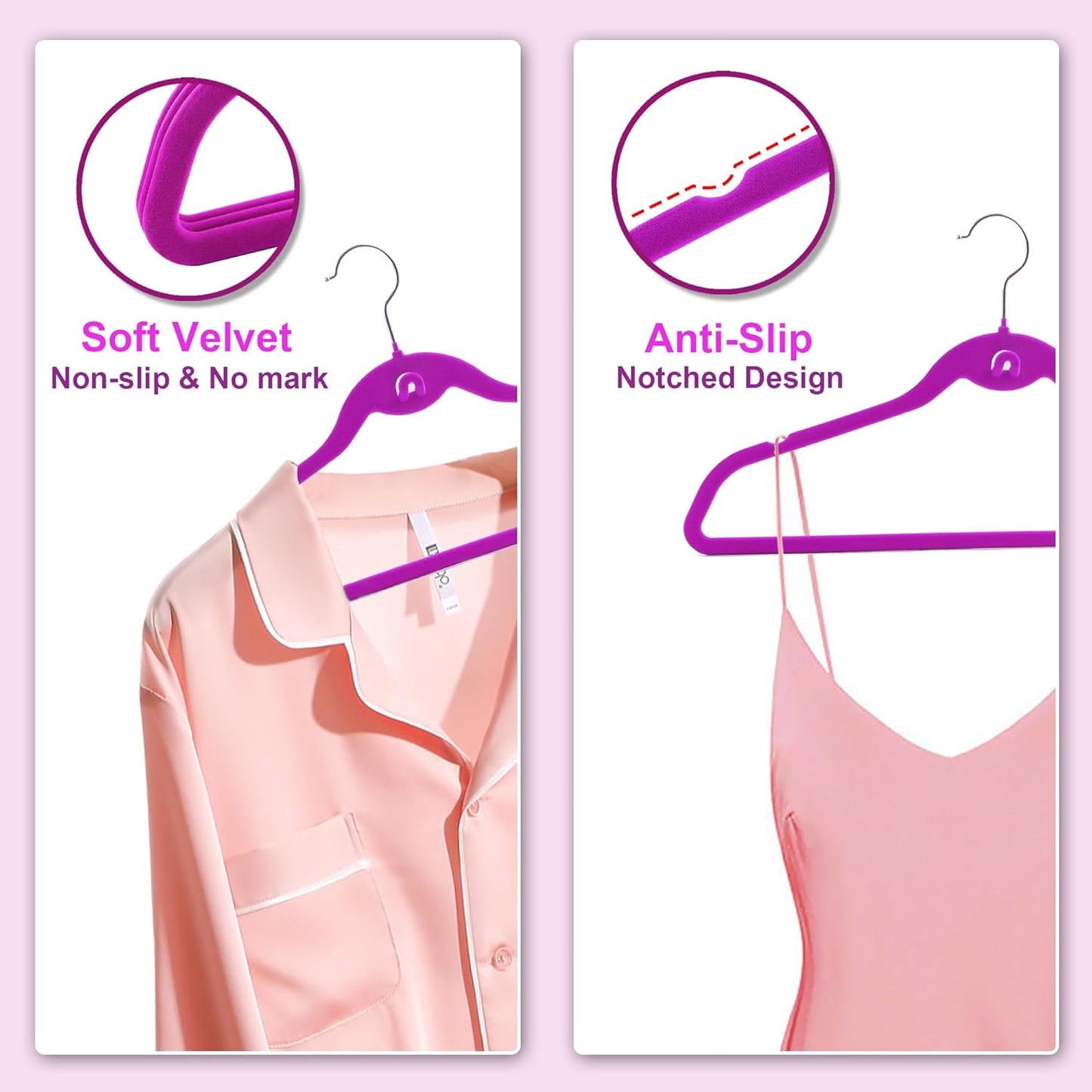 Skiennix Multi-Color Velvet Hangers - 50 Pack Non-Slip Cascading Hooks in Black, Pink, White, Grey & Purple