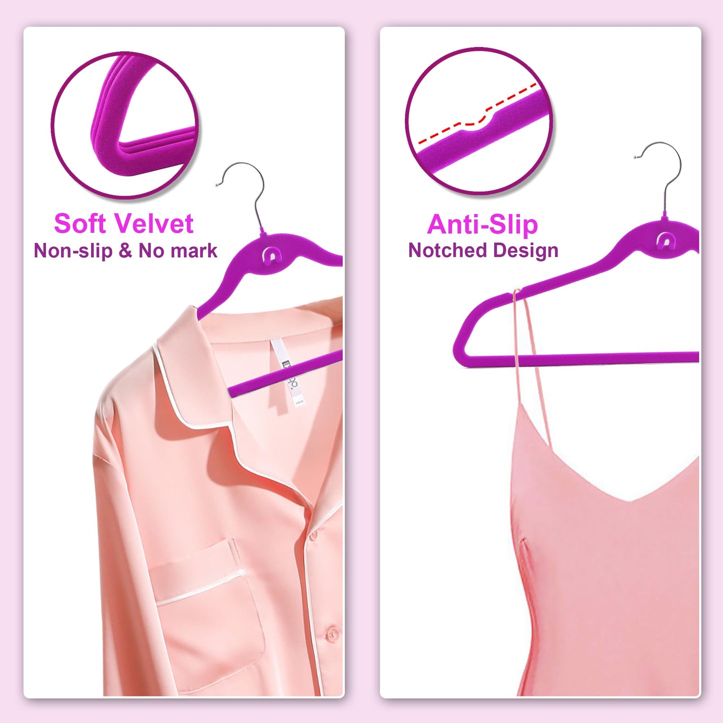 Multi-Color Velvet Hangers 50 Pack with Cascading Hooks, Non-Slip Black, Pink, White, Grey, and Purple Velvet Hangers for Clothes, Suits, and Coats