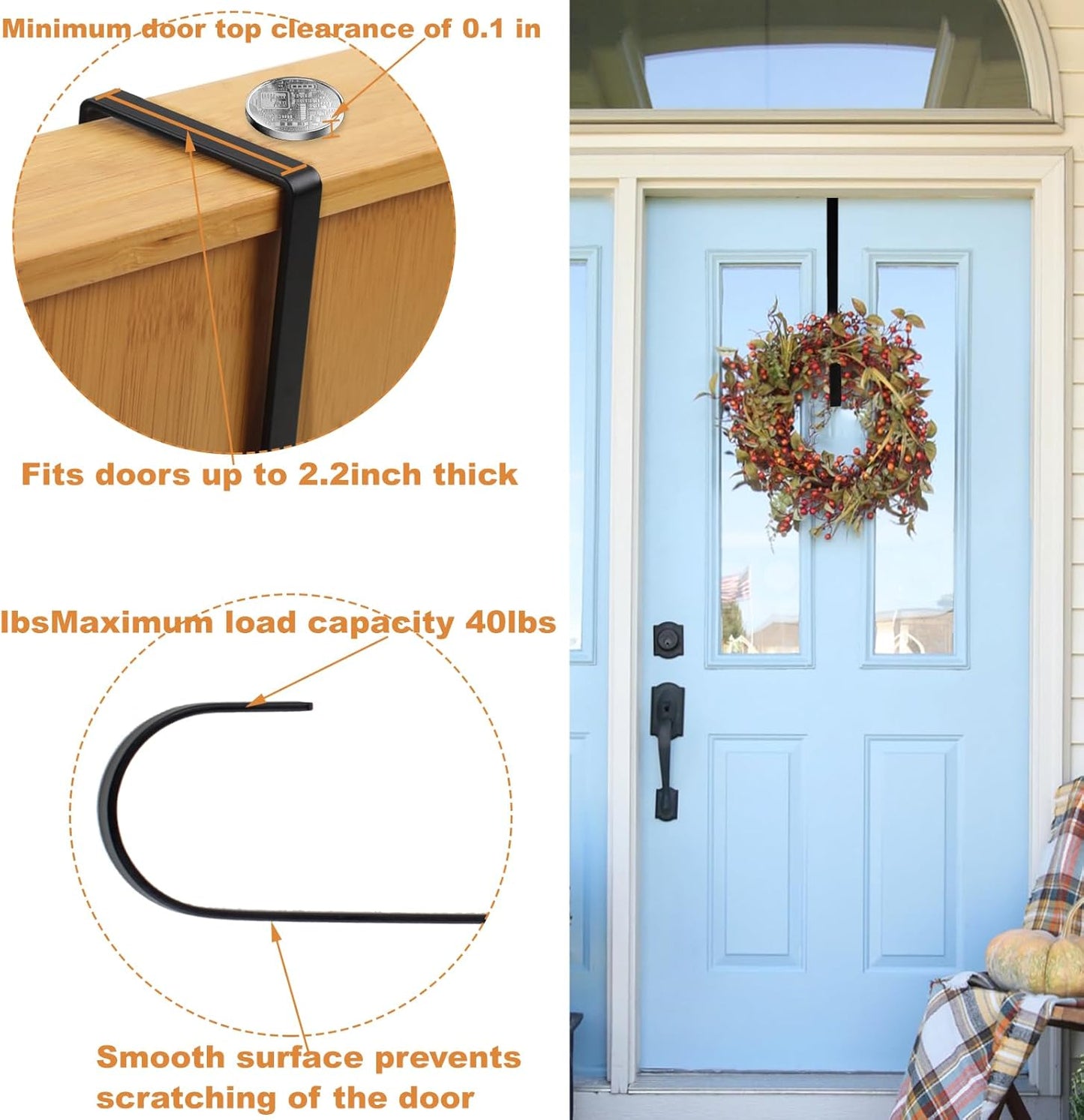 PECULA Wreath Hangers - 2 Pack 14" Metal Hangers for Front Door | 40lb Load-Bearing, Black Finish