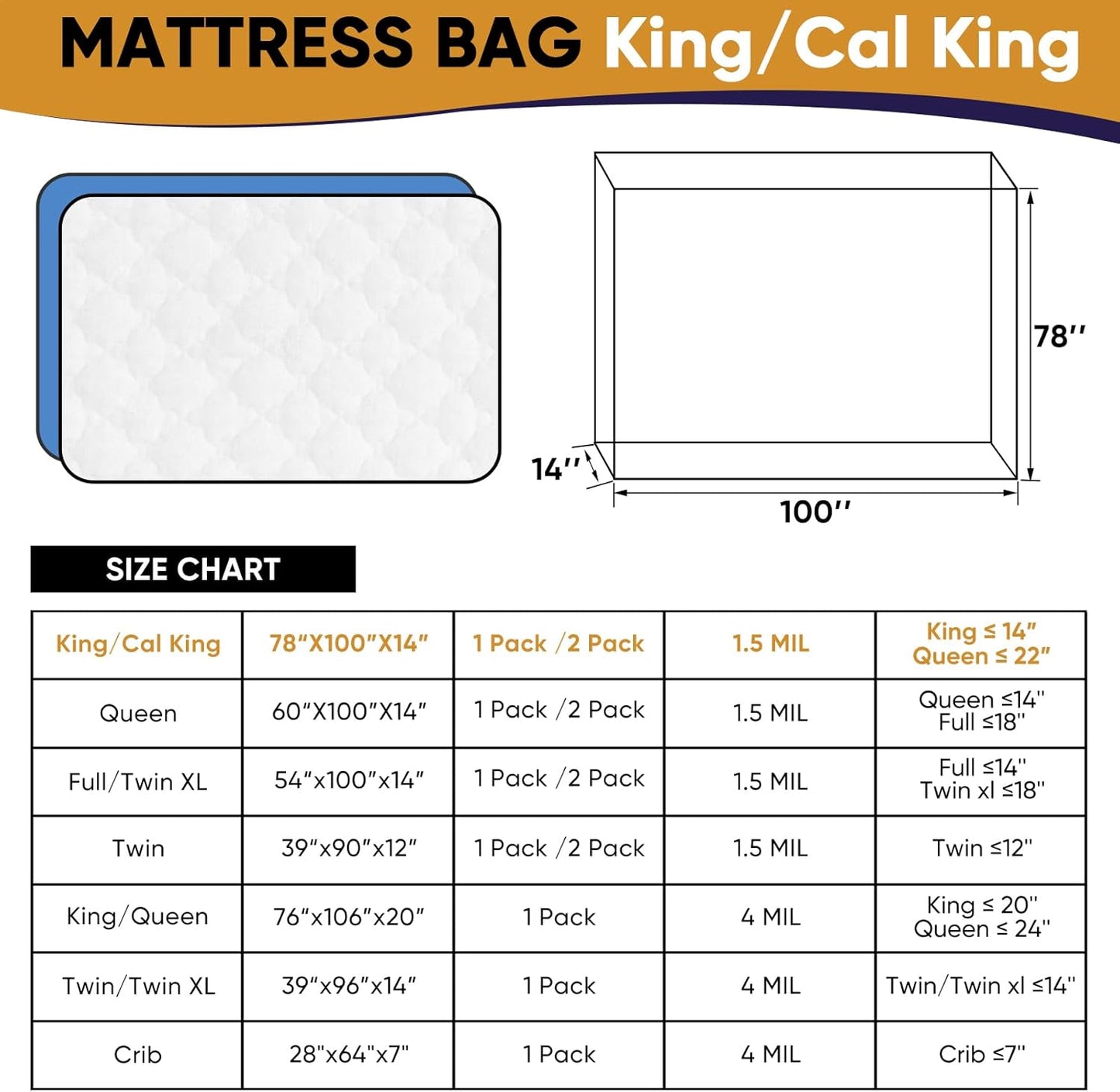 Skiennix King/California King Mattress Bag - Waterproof Plastic Cover for Moving & Disposal | 2 Pack