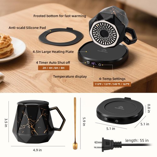 Coffee Mug Warmer & Unique Marbling Mug Set, Smart Heated Electric Cup Warmer for Desk Office, 4 Temperature Control Coffee Tea Beverage Warmer, 8 Hours Auto Shut Off, Christmas Birthday Gifts for Man