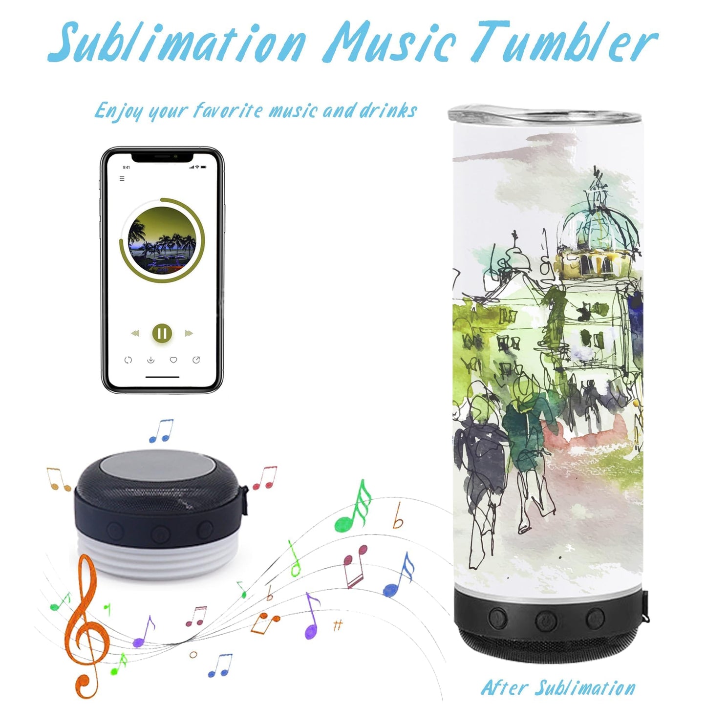 VACVOU 1Pcs 20oz Sublimation Music Speaker Blank Tumbler Cup with Lid Double Wall Vacuum Insulated Bluetooth Speaker Skinny Straight Tumblers (black, 1)