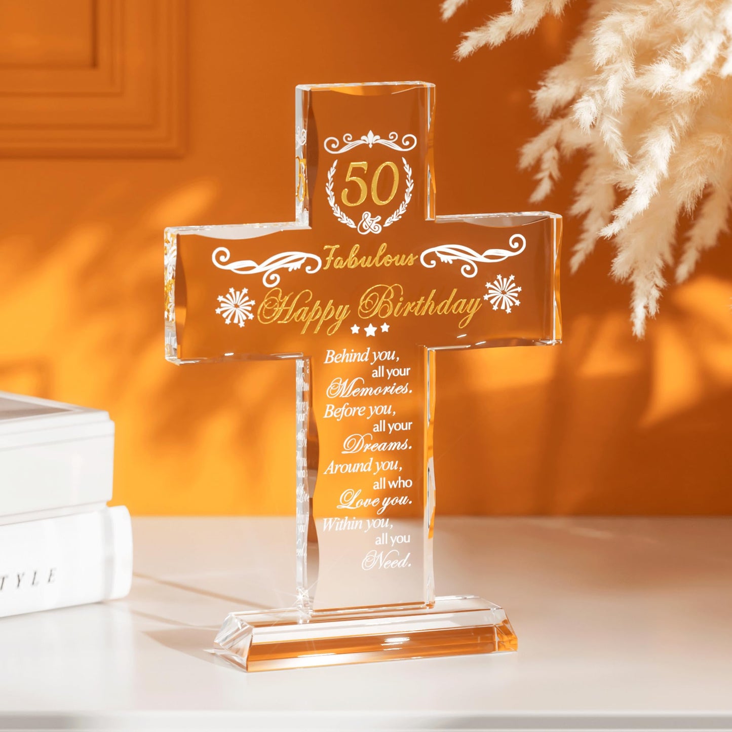 50th Birthday Religious Gifts for Women, Men - Glass Stand Cross Engraved with 50 Year Old Birthday Blessing for Sister, Friend, Wife - Turning 50 Keepsake Home Decor