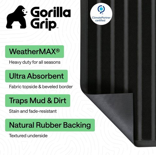 GORILLA GRIP Waterproof All-Season Doormat - Natural Rubber, Stain & Fade Resistant, 23x35, Black Stripe