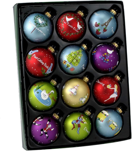 Kurt Adler Twelve Days of Christmas Ball Ornaments - 65mm Set of 12 for Festive Decor