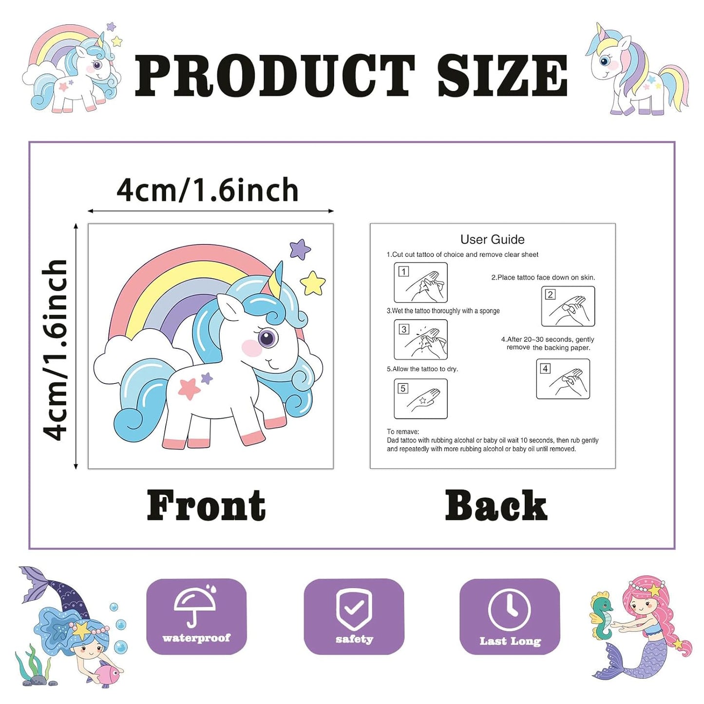 Skiennix 104 PCS Kids Temporary Tattoos - Fun Dinosaur, Unicorn & Mermaid Designs for Birthday Parties