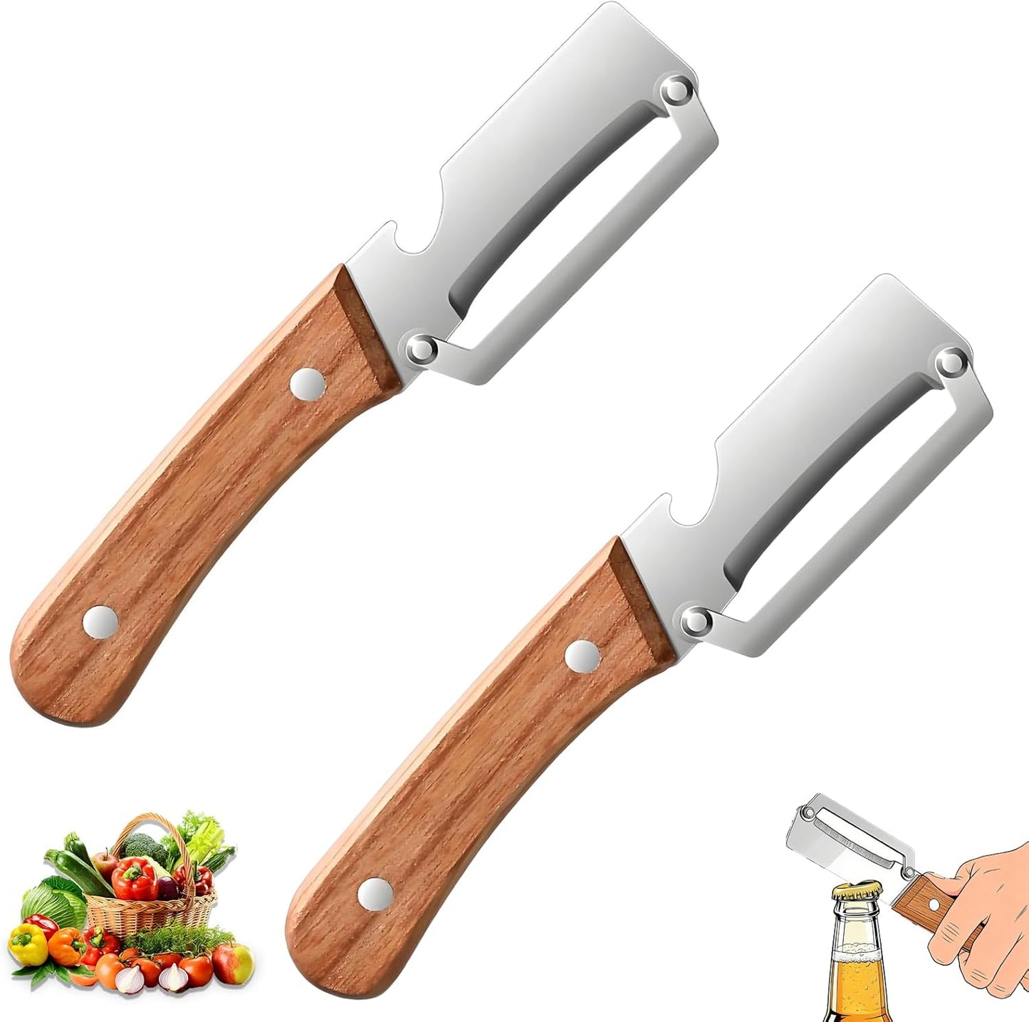 Skiennix Vegetable Peeler Set - Ergonomic Wooden Handle & Stainless Steel Blades | 2 Pack for Kitchen Use