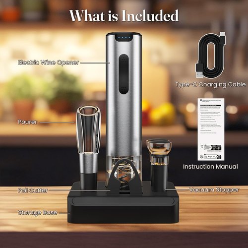 HomeHacks Electric Wine Opener - Automatic Opener with Foil Cutter & Vacuum Stopper | Rechargeable Gift for Wine Lovers