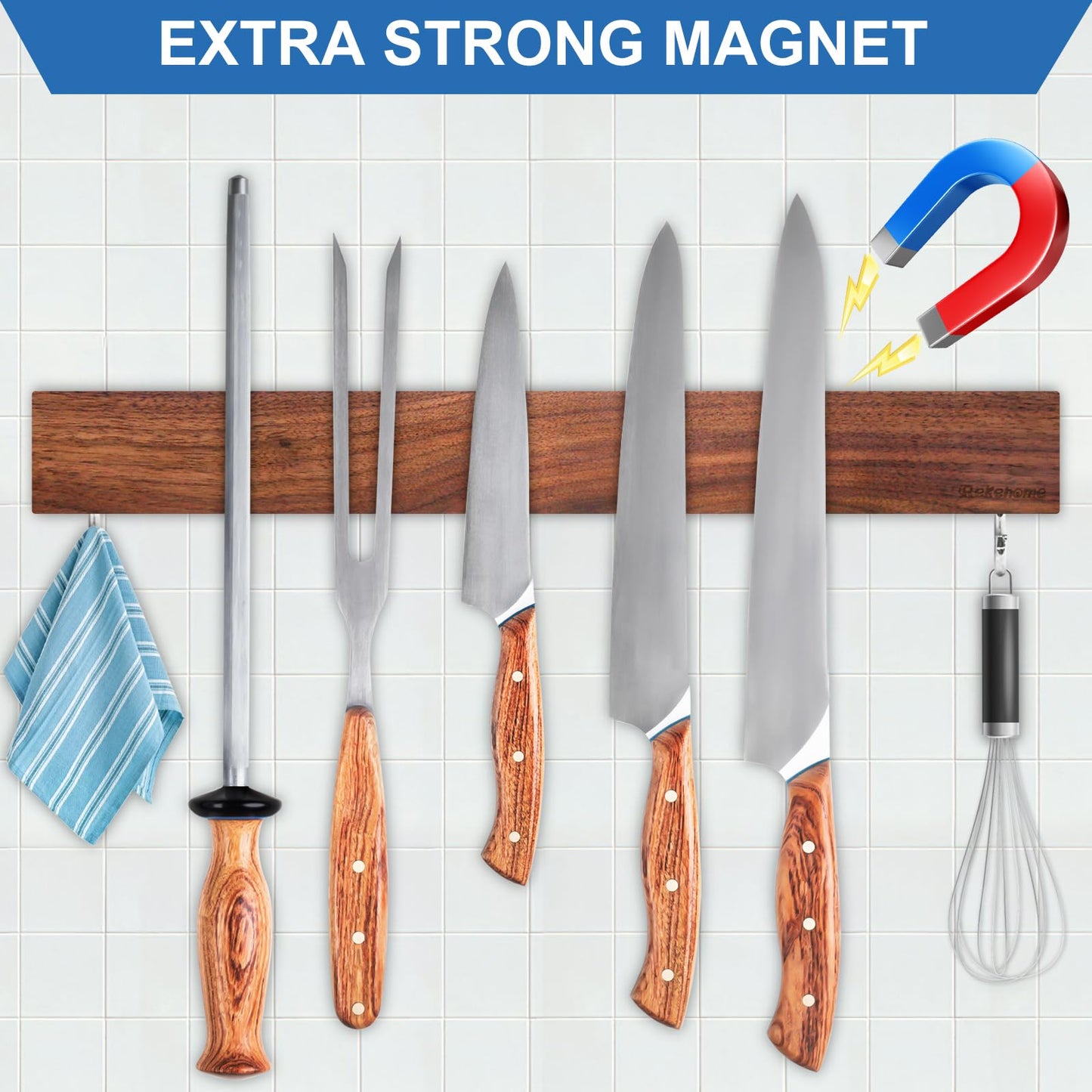 Magnetic Knife Holder for Wall 16 Inch, Bamboo knife magnetic strip No Drilling with 2Hooks, Strong Magnet Knife Holder strip, Magnetic Knife Rack Bar for Kitchen Knives and Tools