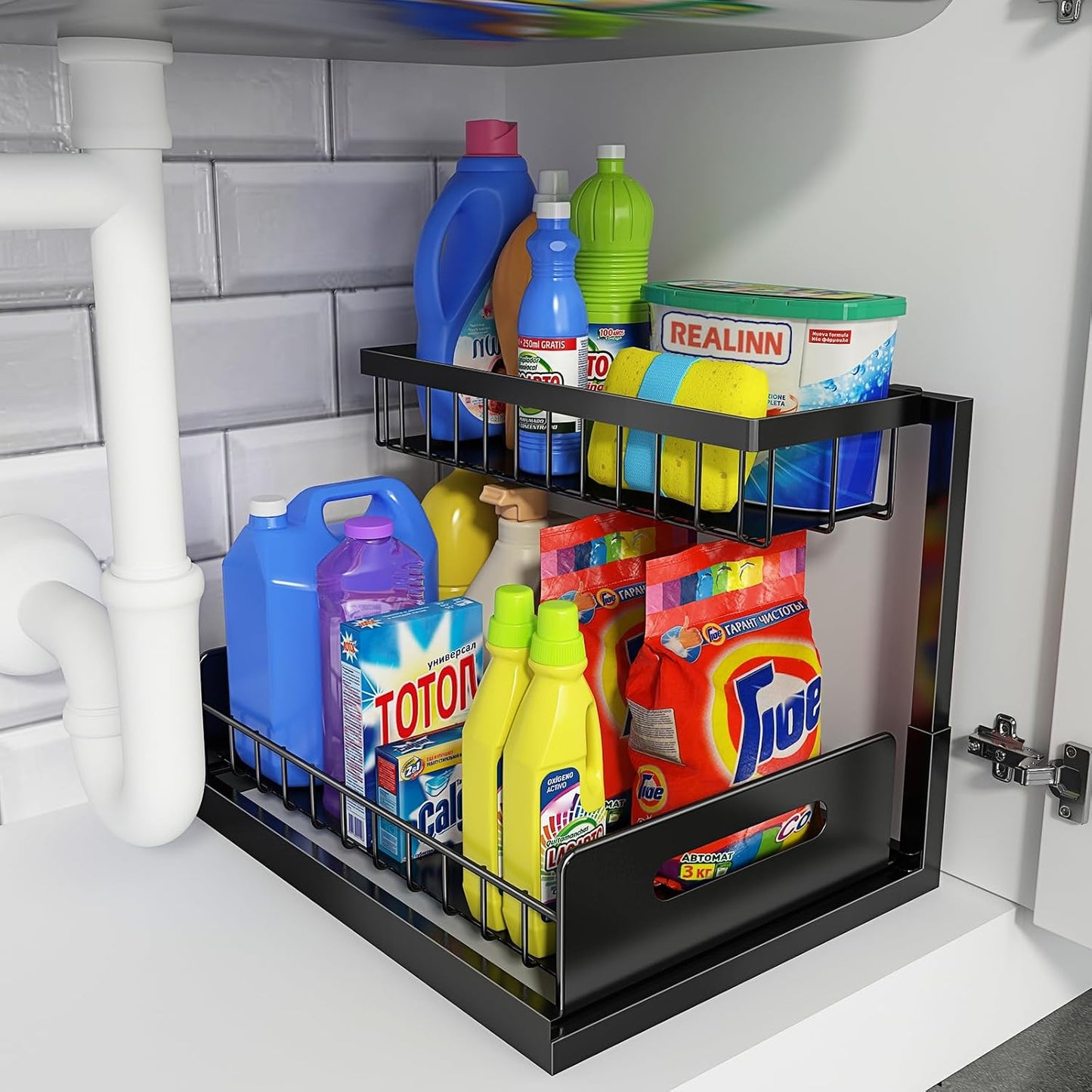 REALINN Under Sink Organizer - 2-Tier Pull-Out Cabinet Storage Shelf | Black, Easy Access Design