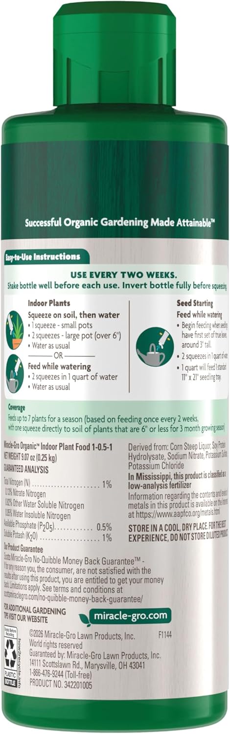 Miracle-Gro Organic Indoor Plant Food - Liquid Fertilizer for Houseplants & Herbs | 8 fl. oz. (2-Pack)