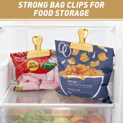 Funfery Chip Clips Bag Clips Gold Stainless Steel Clip for Food Storage,Air Tight Seal Chip Bag Clip 3 Inch Strong Food Clipp for Snack,Chips,Kitchen Decor,Home&Office Paper Heavy Duty-8 Pack