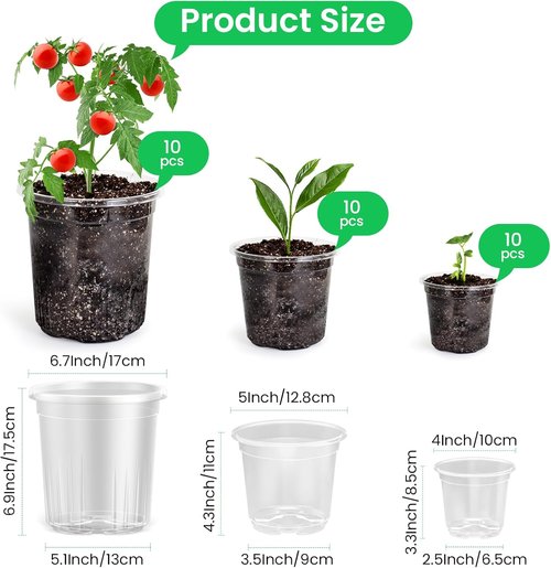Bluepro Clear Nursery Pots - 30 Packs of Reinforced Plastic Plant Pots with Drainage Holes | 7/5/4 Inch Variety for Seedling Propagation