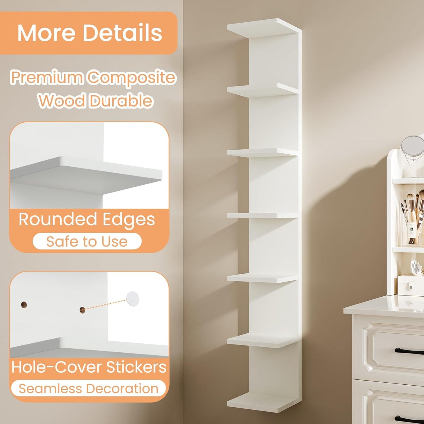 Upsimples 7-Tier Floating Wall Shelf - White Wall-Mounted Display & Storage for Home & Office