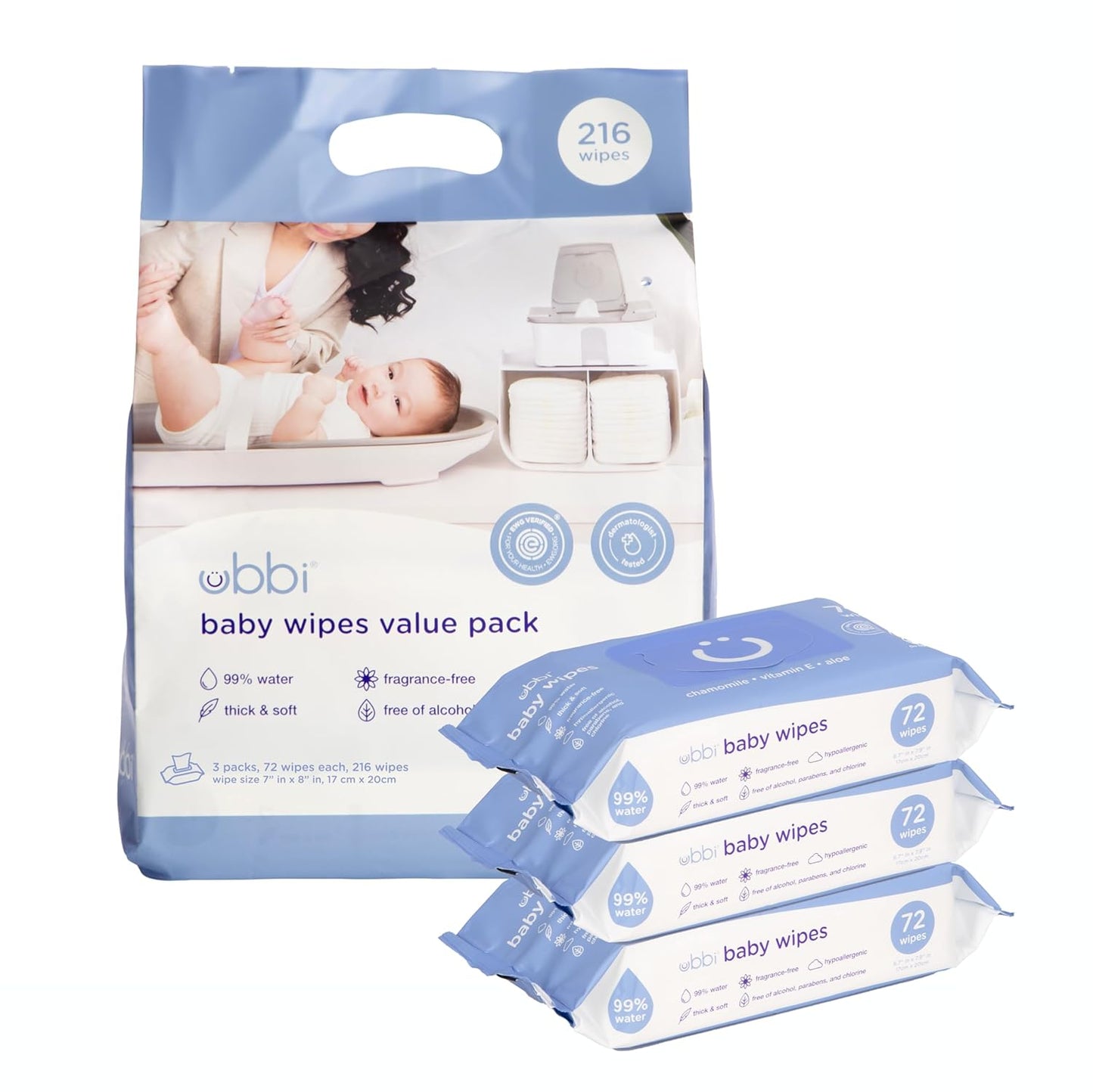 Ubbi Baby Wipes - Fragrance-Free, Hypoallergenic & Plant-Based | 99% Water, Chamomile & Aloe | Value Pack (216 Wipes)