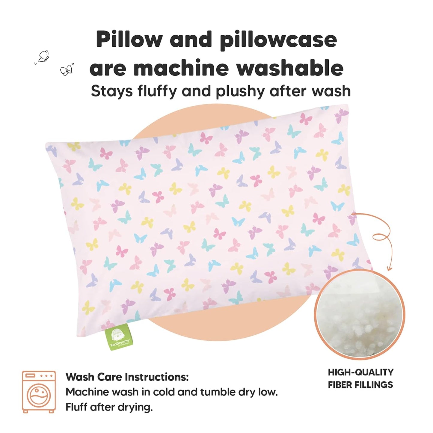 My Little Dreamy Toddler Pillow - Soft Organic Cotton Travel Pillow with Case, 13x18, Machine Washable, Ages 2-5 (Flutter)