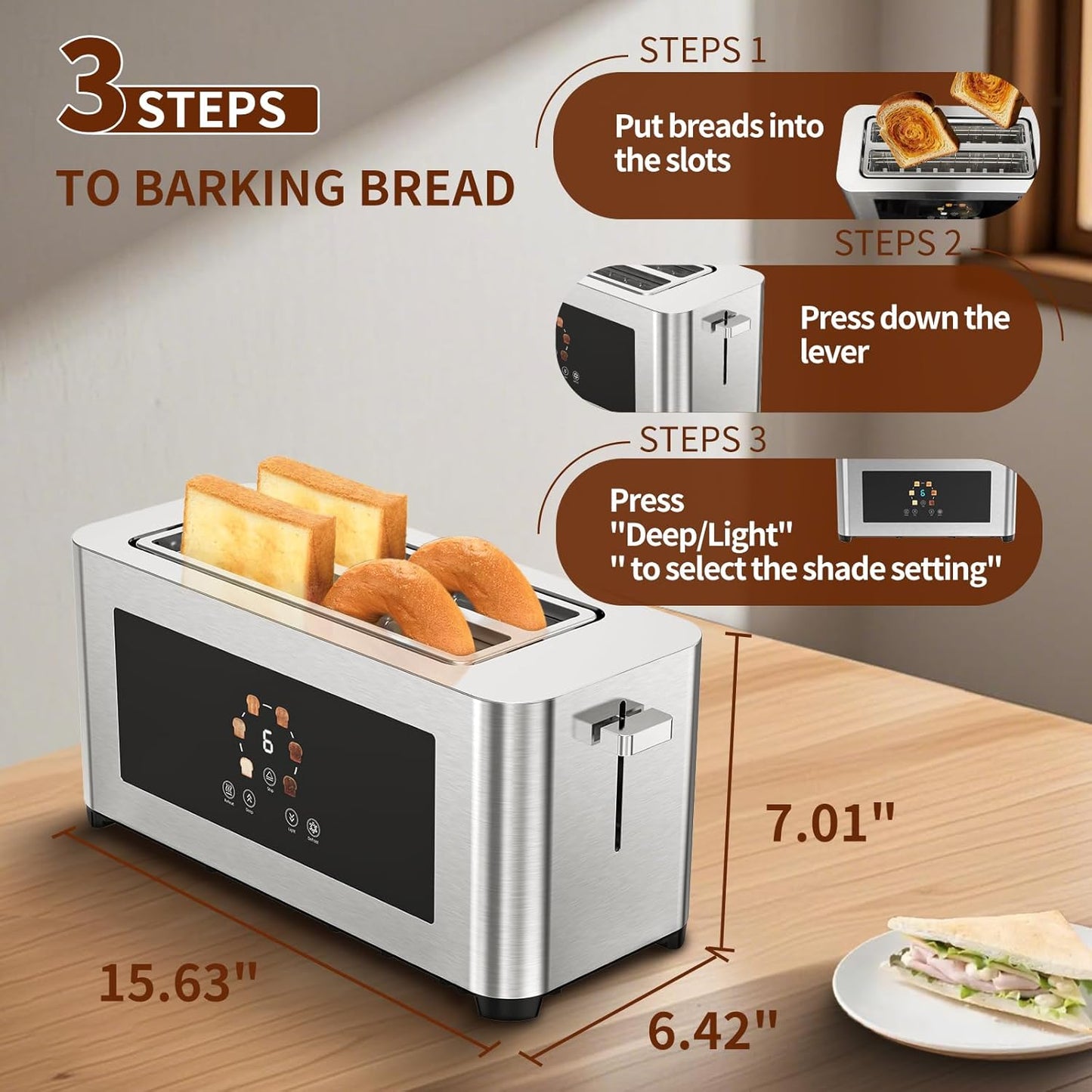 Smart Toaster by Touch Screen - 4 Slice LCD Display, 1.6" Long Slot, 6 Shade Settings, Defrost & Reheat