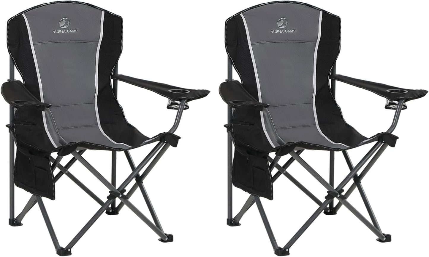 LET'S CAMP Oversized Camping Chair - Heavy Duty 350 LBS Capacity, 2 Pack with Cup Holder & Storage Bag | Grey