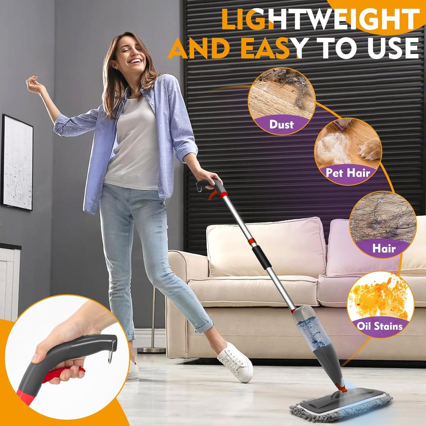 Skiennix Spray Mop - Microfiber Floor Cleaning Mop with Washable Pads & 800ml Refillable Bottle