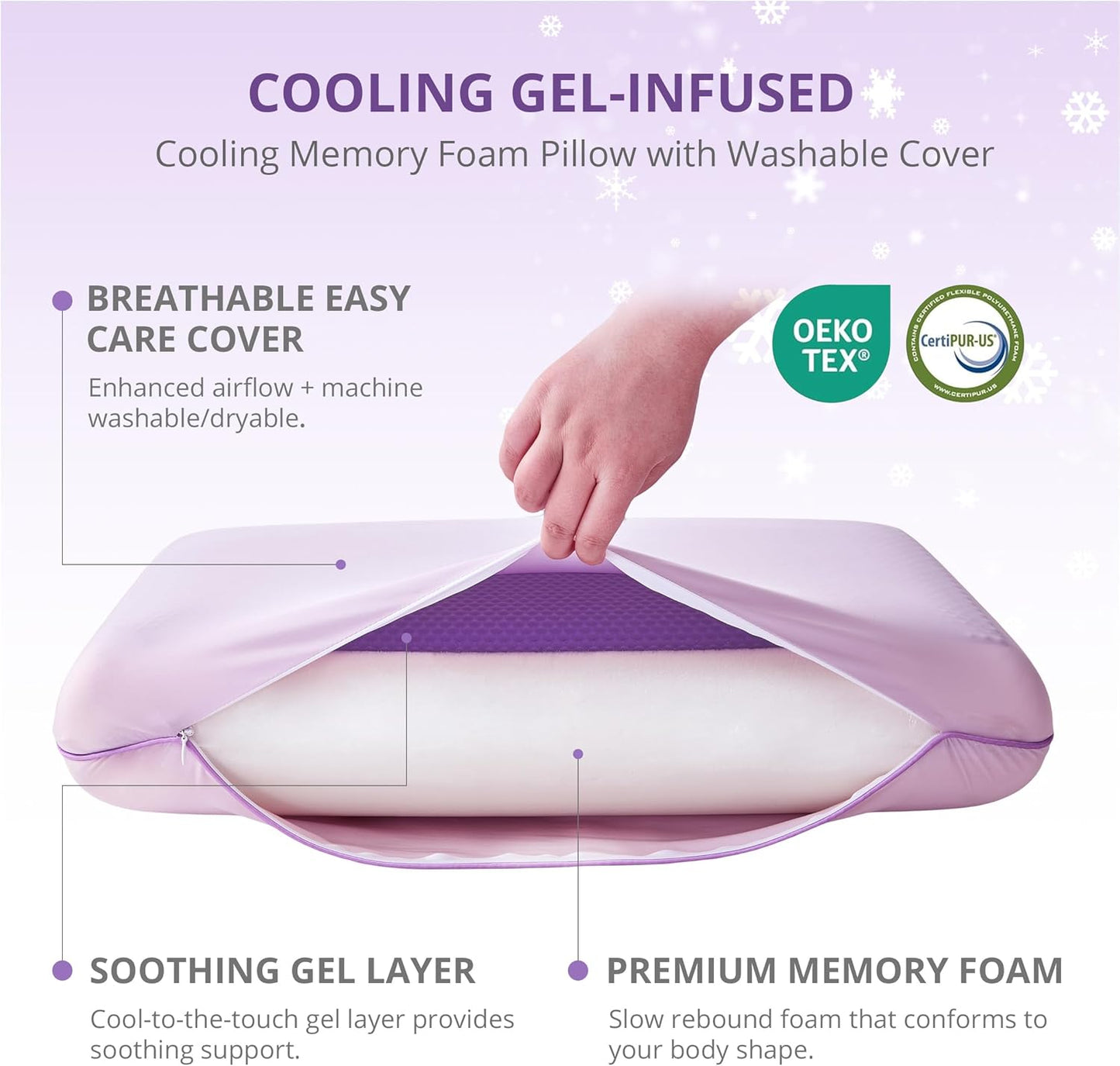 Purple Cooling Pillow - Gel Memory Foam with Reversible Cover | Neck Support for All Sleep Positions