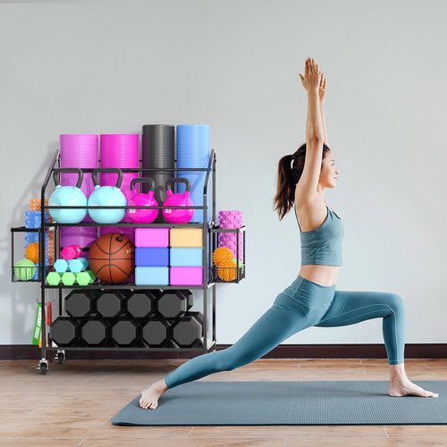 Houseables Workout Equipment Storage, Exercise Equipment Storage, Home Gym Organizer, Weight Rack for Home Gym, Kettlebell Rack, Weight Dumbbell Holder Cart, Yoga Organization Shelf, Rolling, 3 Tier