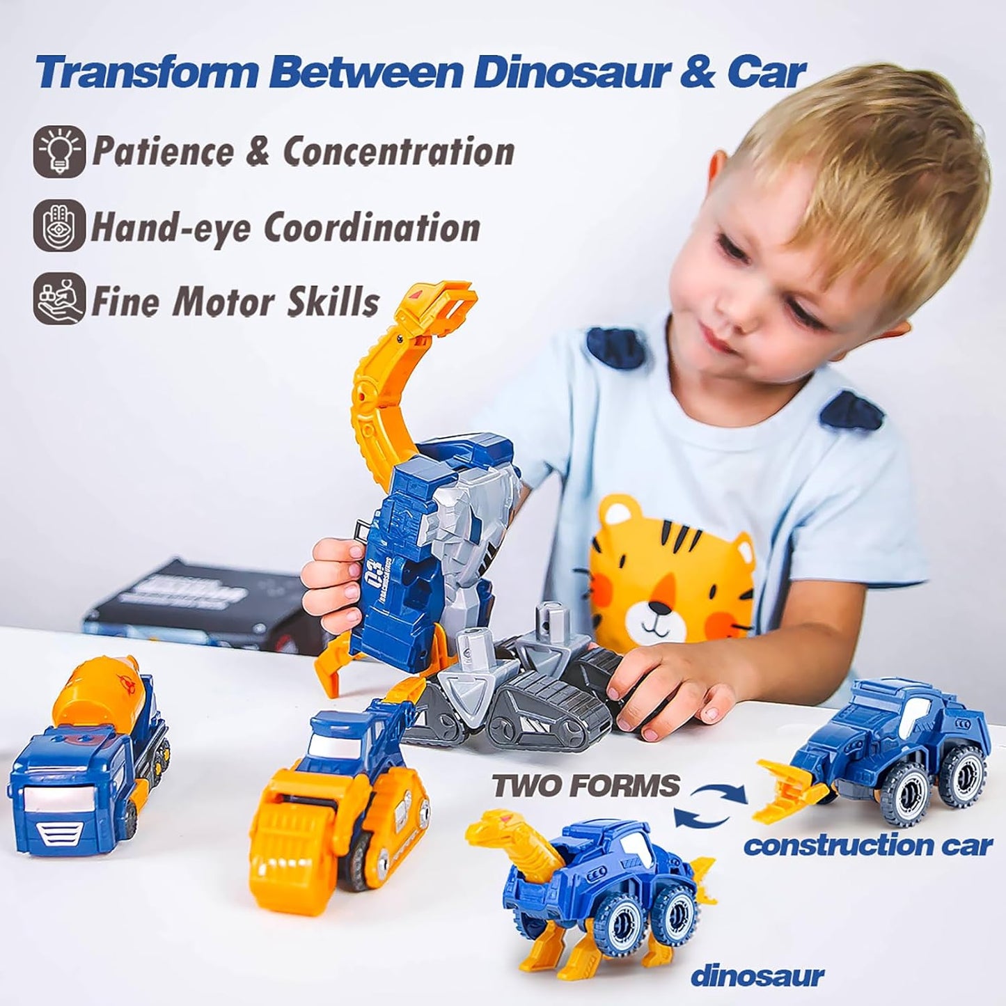 Skiennix Toddler Construction Car Transform Set - 5pcs Dinosaur Rescue Robots with Magnetic Connectors | DIY STEM Building Trucks for Kids Ages 3-7