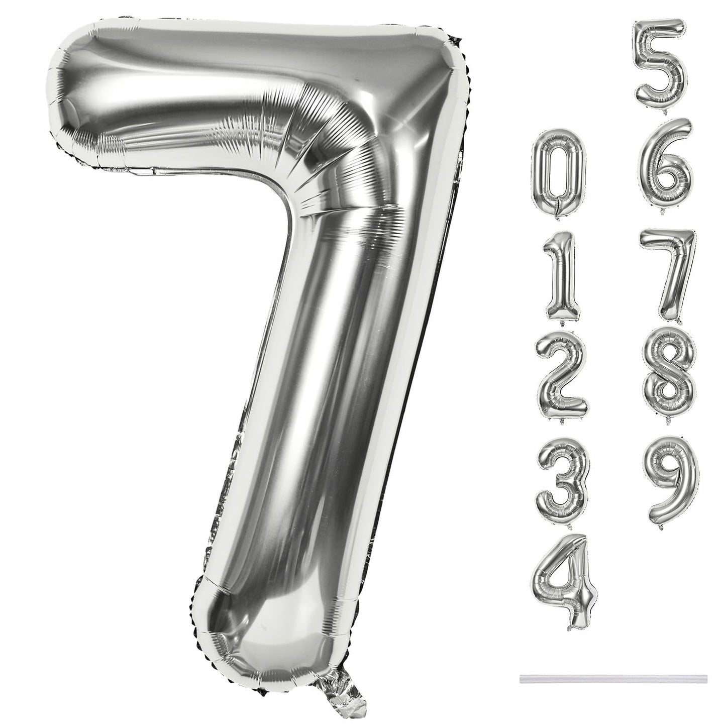 40'' Silver Number 7 Balloons, Self Inflating Foil Number Balloons Set 0-9 for Women Men, Large Digital 7 Helium Balloon for Girls Boys 7th Birthday Party New Year Decorations Anniversary Supplies