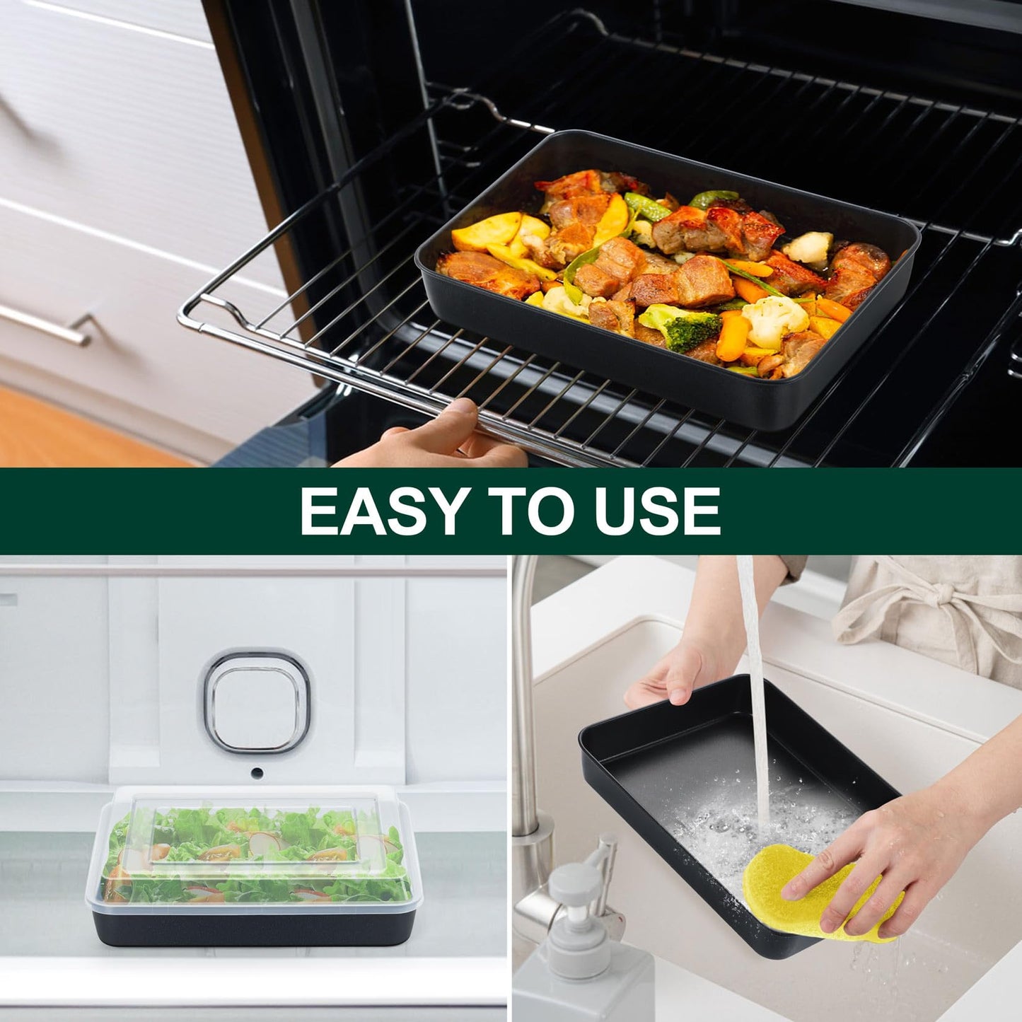 P&P CHEF Toaster Oven Pan with Lid, Nonstick Cake Lasagna Pan Rectangular Tray for Baking Roasting Storing, Stainless Steel Core & Plastic Cover, Oven & Freezer Safe, (9.4 Inch, 2Pcs)