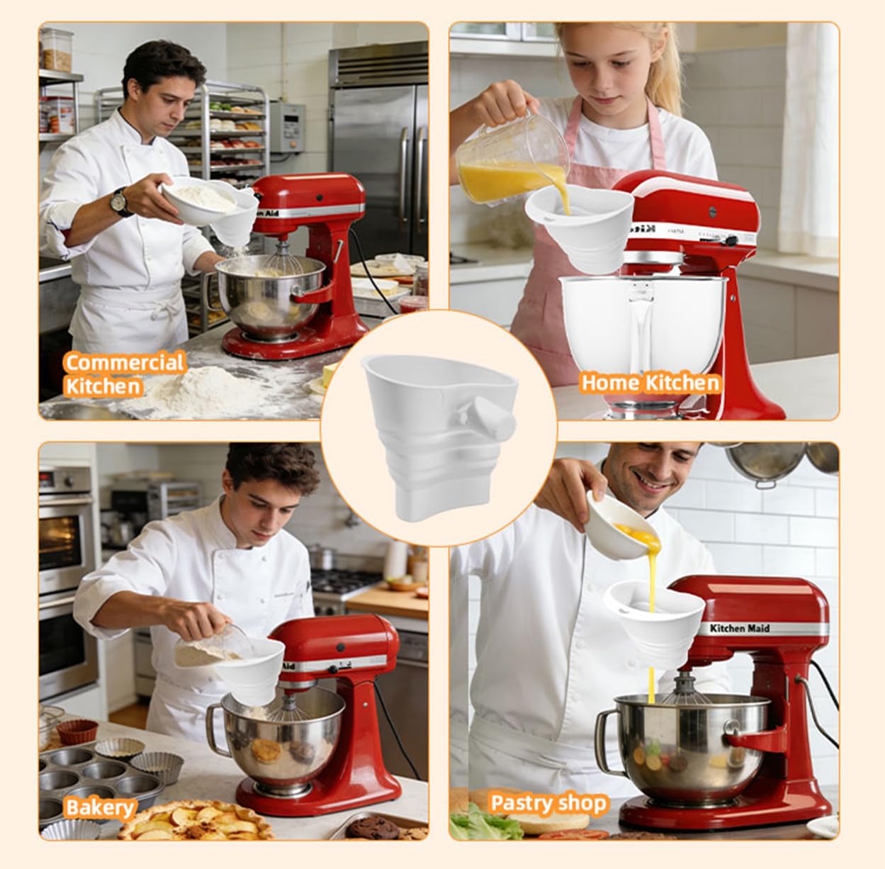 Silicone flour funnel for KitchenAid stand mixers, foldable wide-mouth design, anti-clog and splash-proof, easy to pour, suitable for KitchenAid Artisan KSM150 5-Quart Tilt-Head Mixer, dishwasher-safe