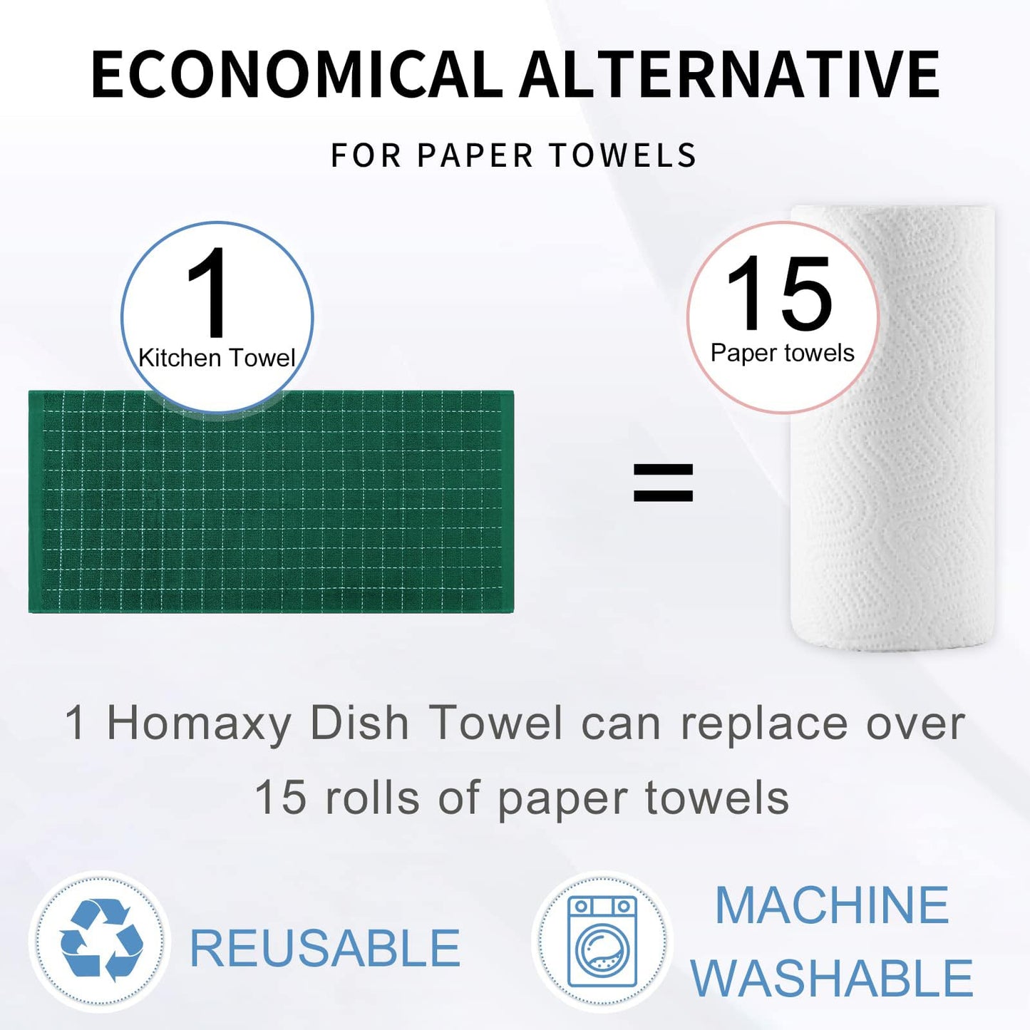Homaxy 100% Cotton Terry Kitchen Towels(Dark Green, 13 x 28 inches), Checkered Designed, Soft and Super Absorbent Dish Towels, 4 Pack