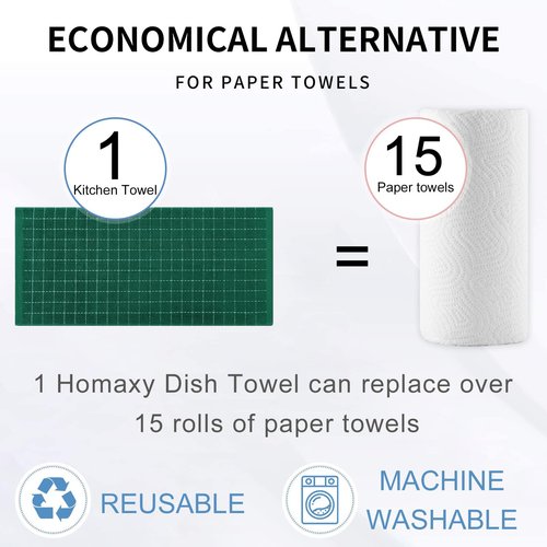 Homaxy 100% Cotton Terry Kitchen Towels(Dark Green, 13 x 28 inches), Checkered Designed, Soft and Super Absorbent Dish Towels, 6 Pack