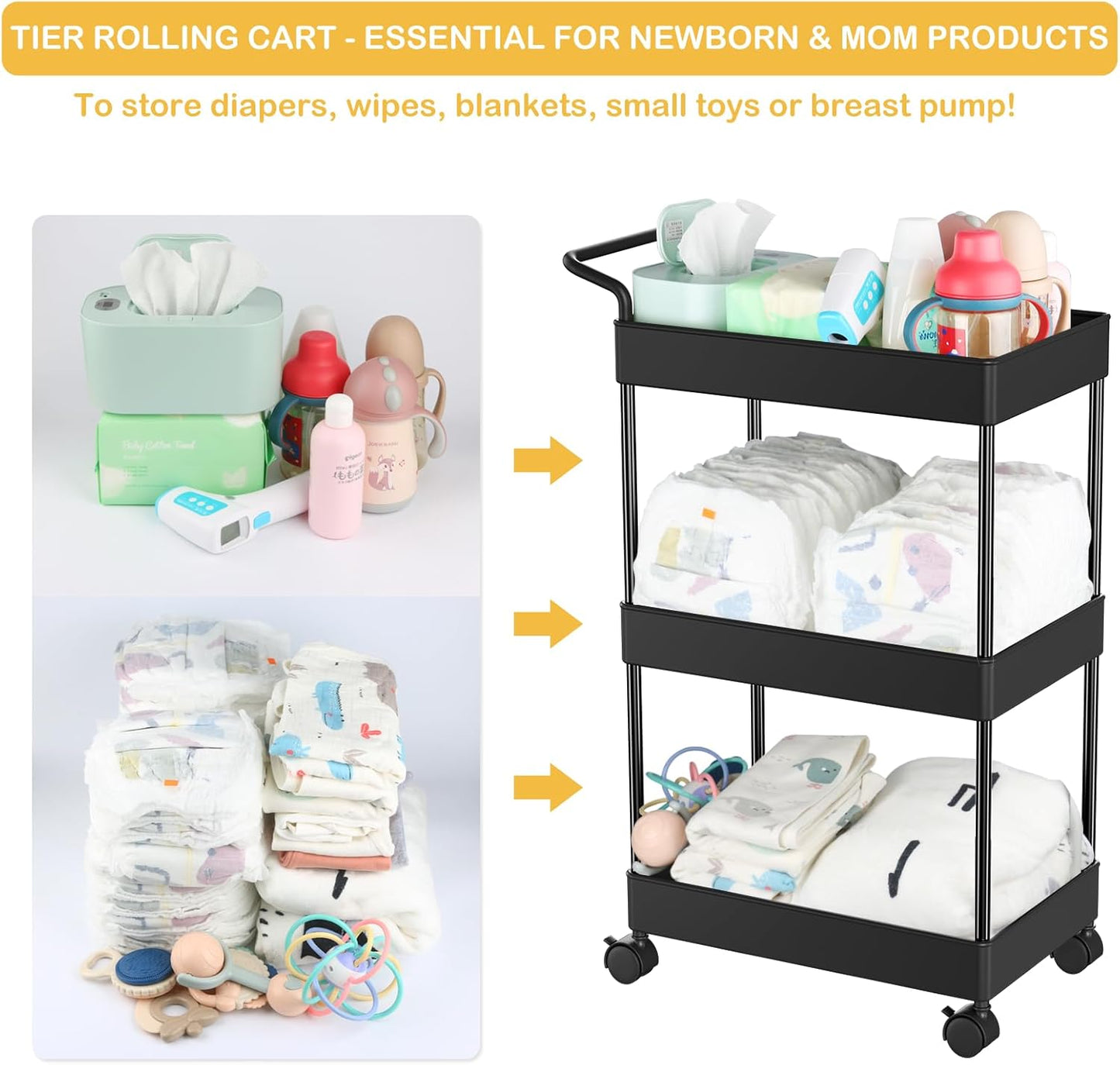 Volnamal Diaper Caddy - Movable Plastic Organizer for Nursery Essentials | Black Baby Storage Cart