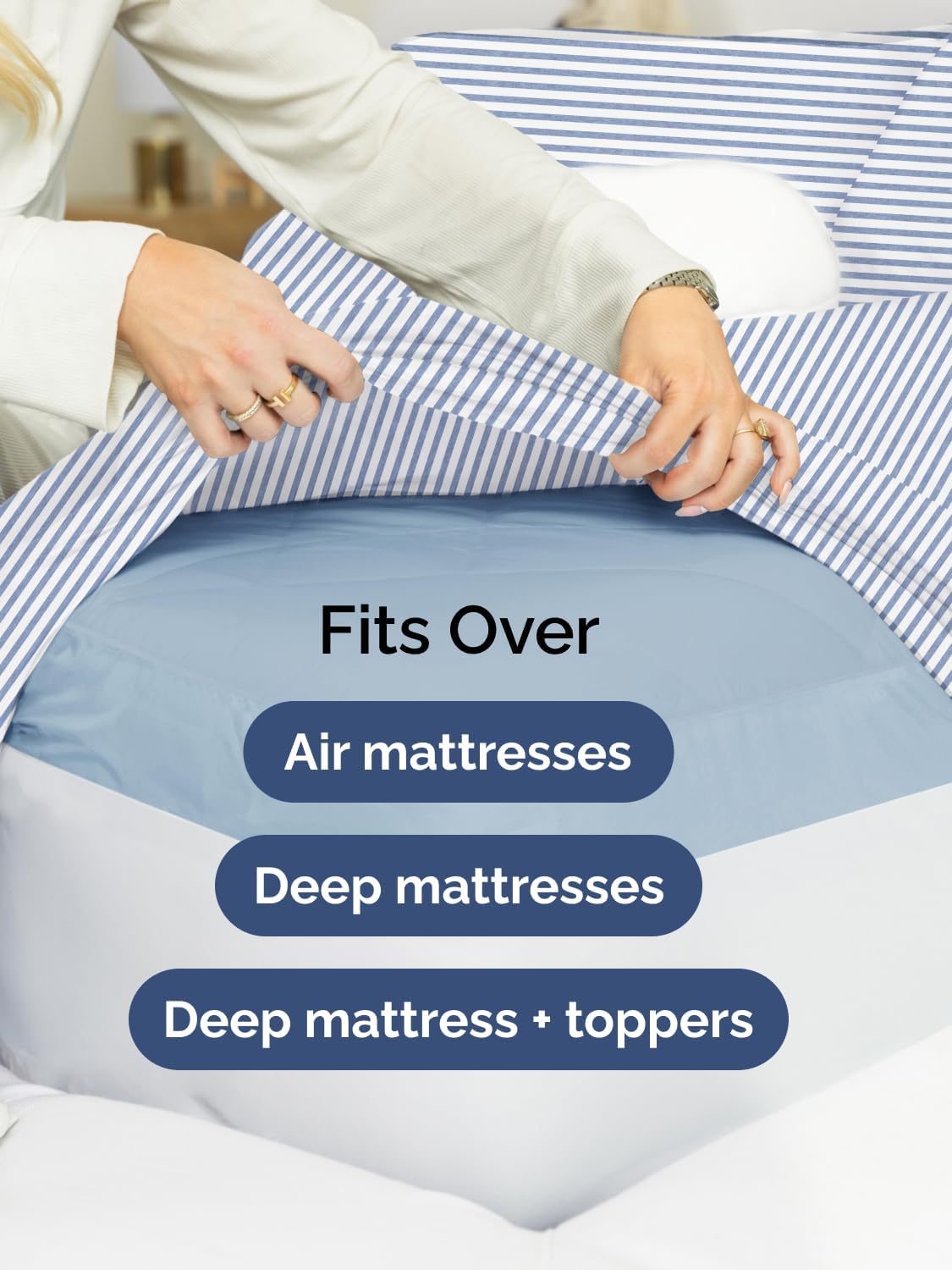 Skiennix Extra Deep Split King Sheet Set - 7 Piece Cooling Bedding - Soft, Wrinkle-Free, Secure Fit - Blue Stripes