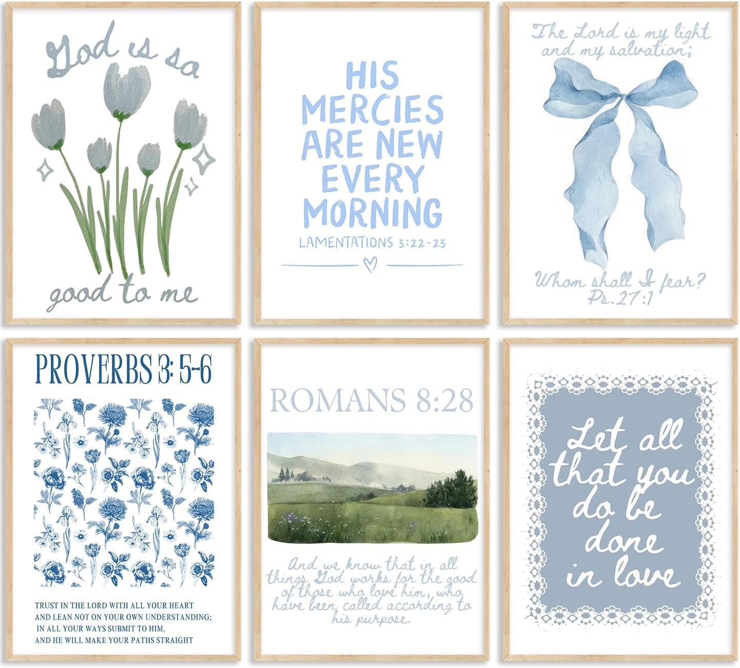Skiennix Blue Christian Canvas Wall Art - Set of 6 Inspirational Bible Verse Prints for Girls' Room Decor