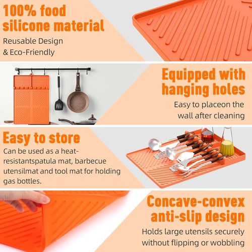 Blackstone Silicone Grill Mat - BBQ Griddle Tool with Drip Pad & Spatula Mat | Outdoor Kitchen Essential (Orange)