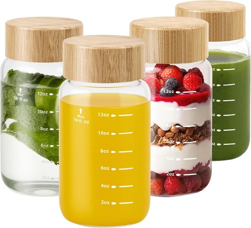 Freshmage Borosilicate Glass Water Bottles - Durable 16 oz Wide Mouth, Leak-Proof & BPA-Free (4 Pack)