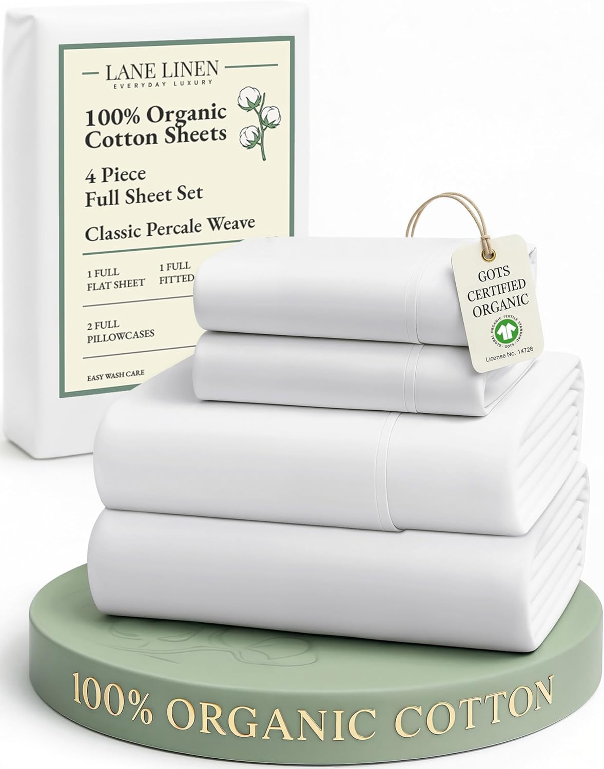 LANE LINEN 100% Organic Mercerized Cotton Full Size Bed Sheets - Soft, Comfy & Fade Resistant, 15" Deep Pocket - White