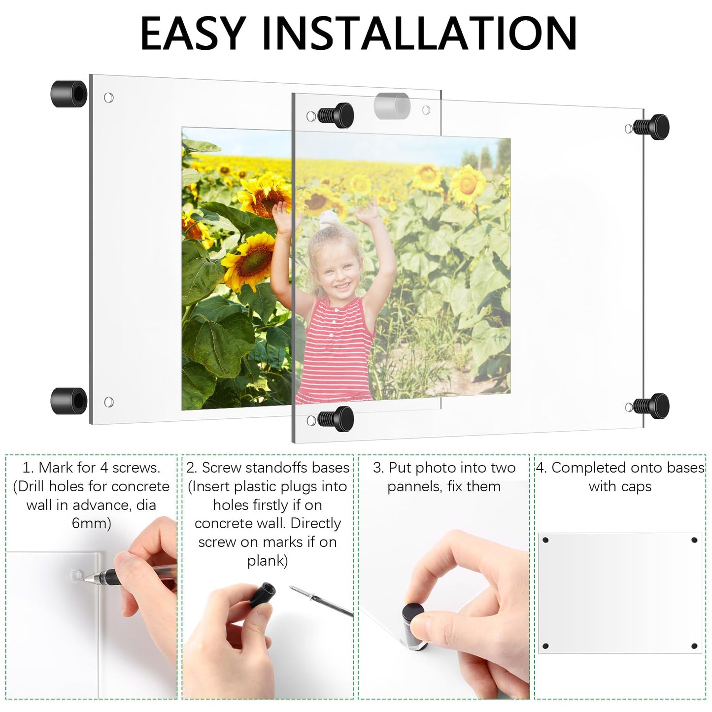 Yalikop 8 Pcs Acrylic Floating Picture Frame 8.5 x 11 Inches Wall Mount Frameless Photo Frames Double Panel Clear for Home Office Photo Display, Full Size 9.6 x 13.2 Inch (Black)
