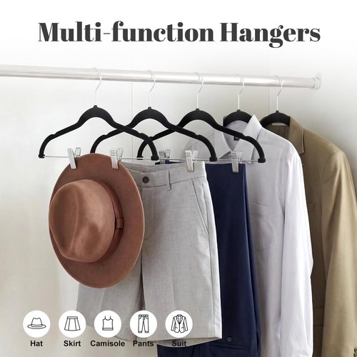 HOUSE DAY Velvet Skirt Hangers 24 Pack, Black Velvet Pant Hangers with Adjustable Clips, Space Saving Slim Shorts Hanger, Heavy Duty Non Slip Clip Hanger for Pants, Skirts, Shorts