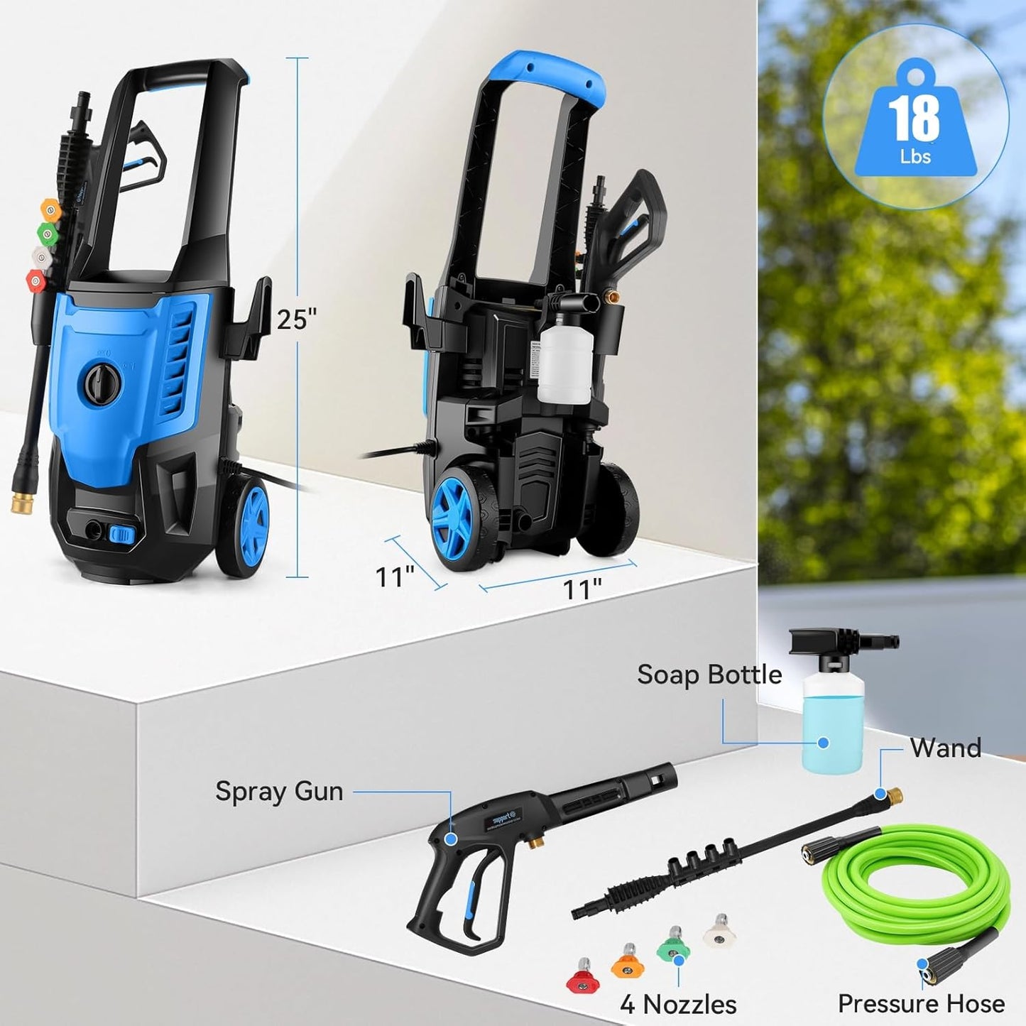 Skiennix Electric Pressure Washer - 5000 PSI Portable Power Washer with 4 QC Nozzles & Foam Cannon - Deep Blue