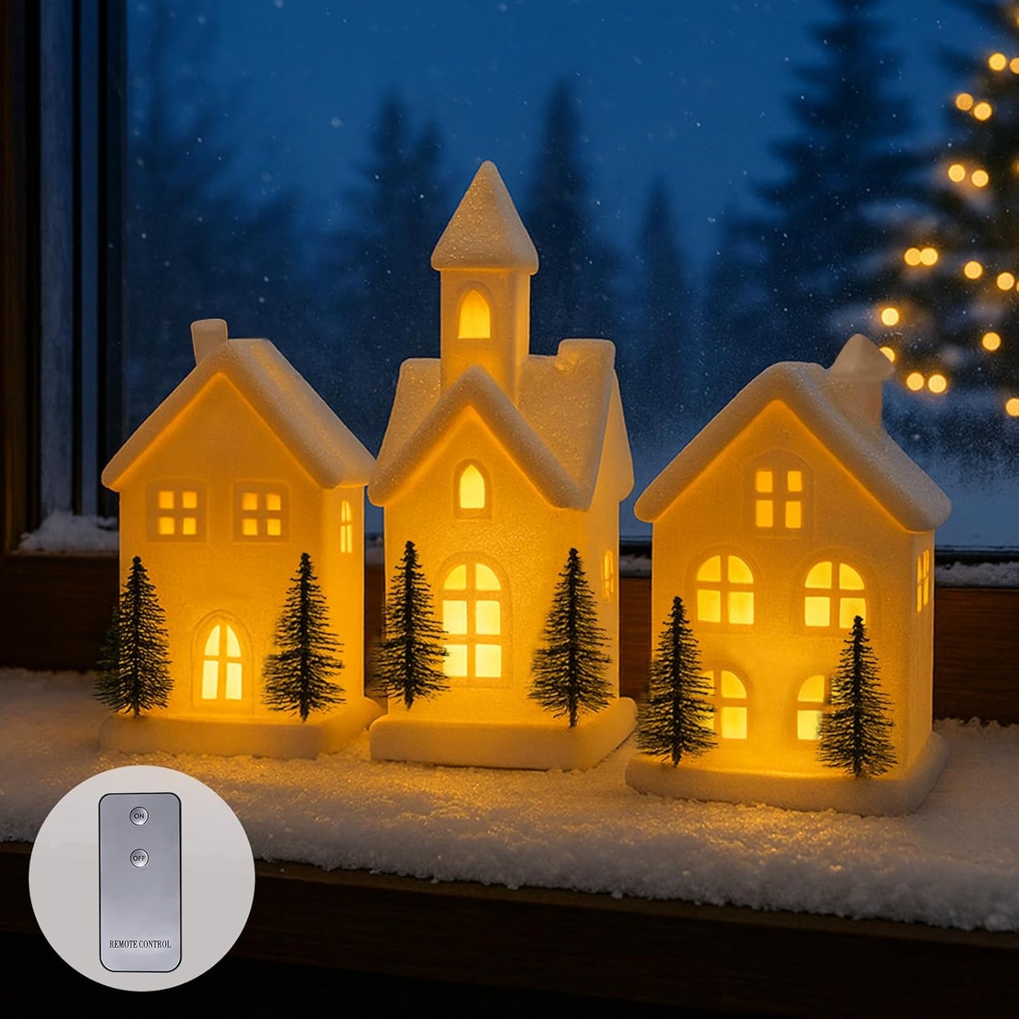Regine Switzerland Christmas Village Set - 3 Lighted Ceramic Houses with Trees | Rustic White Holiday Decor for Home