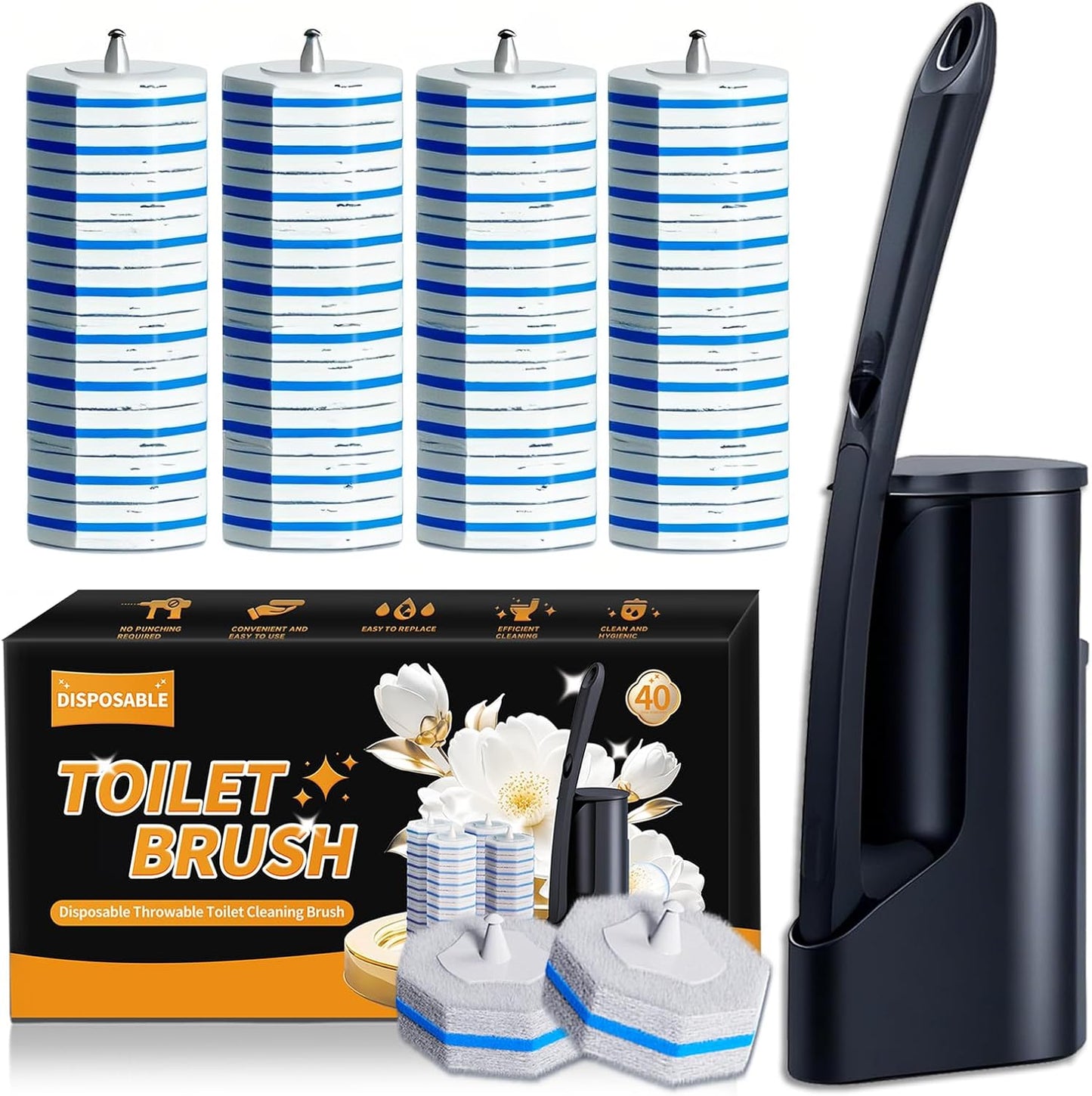 Skiennix Disposable Toilet Brush - Hygienic Toilet Bowl Cleaner with Holder | 40 Refills Included