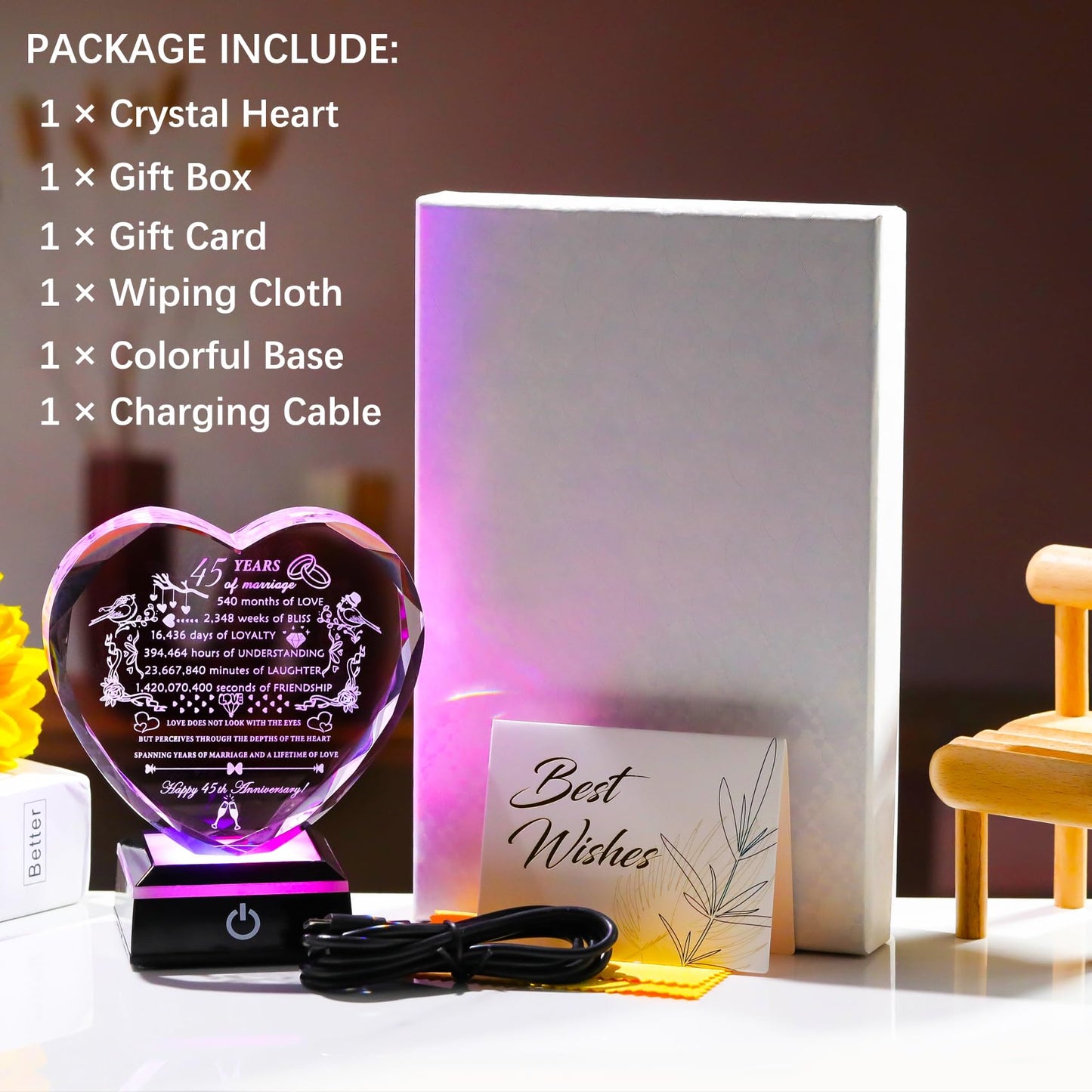 YWHL 45th Wedding Anniversary Crystal Gifts with Colorful LED Base Engraved Happy 45th Anniversary Heart Keepsake Gift for Couples Parents Romantic 45 Years of Marriage Gifts for Wife Husband