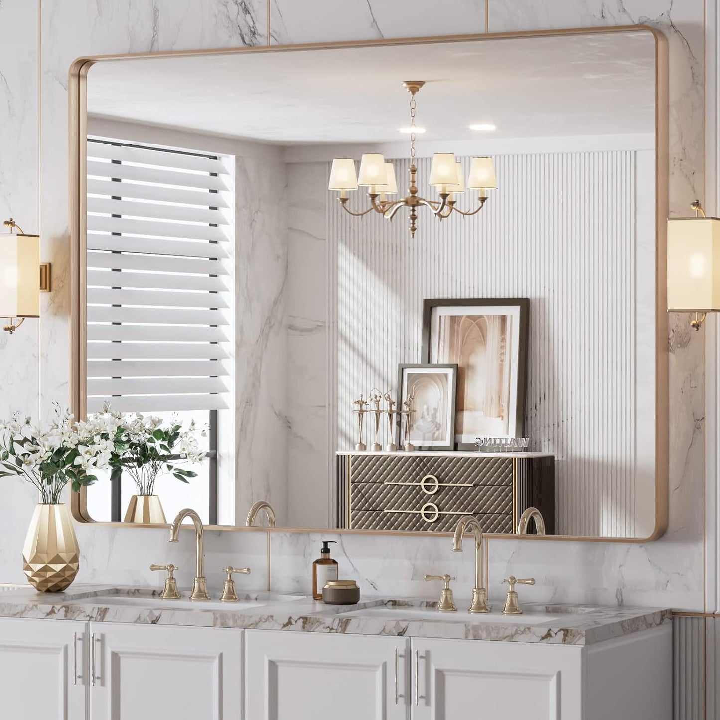 LOAAO Gold Bathroom Mirror - 48”X36” Rounded Rectangle Design | Anti-Rust Tempered Glass, Wall-Mounted